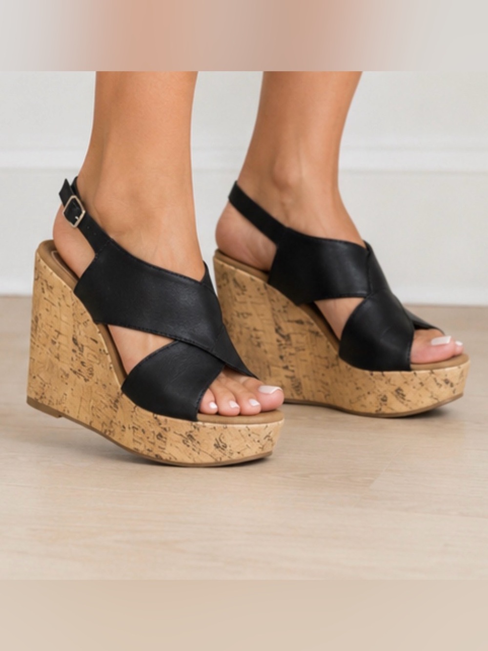 Montego Bay Club Black Cork Wedge Sandals Sz 8 Platform Ankle Strap Summer Shoes